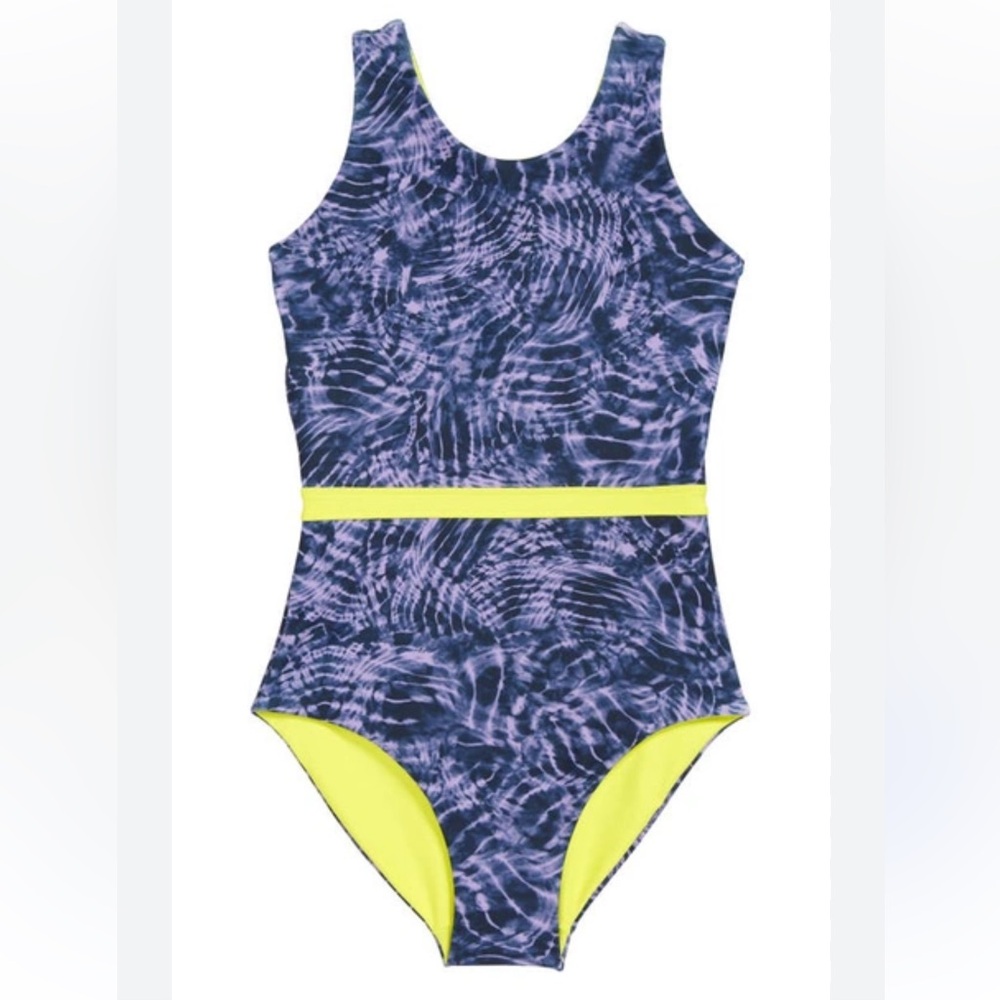 Zella Girl Kids Reversible One-Piece Swimsuit - Navy and Neon Yellow - Size 12